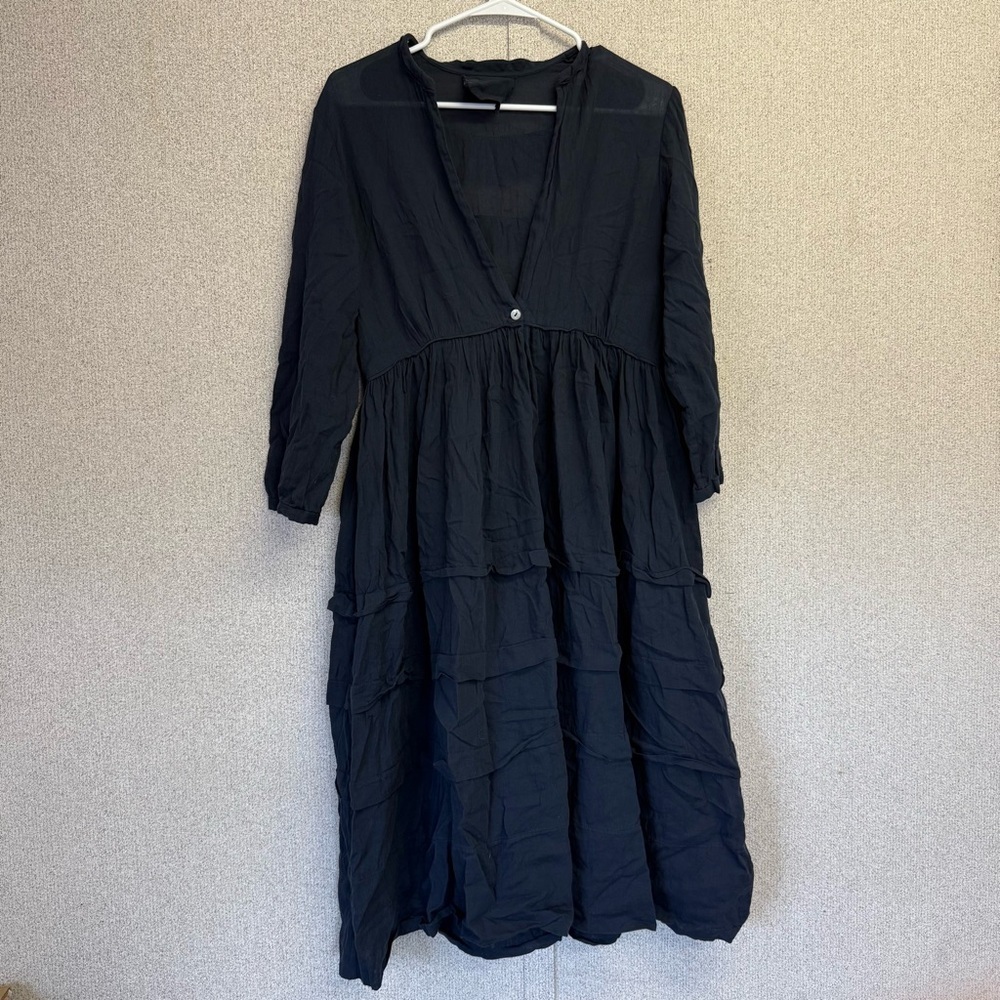 Loup Charmant Scallop Organic Cotton Navy Blue Tiered V-neck Midi Dress - Picture 2 of 11